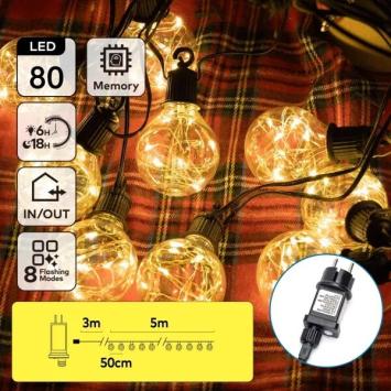 LED Lichtsnoer met koperdraad - 8 meter - 10 bollen - IP44 - 8 modes