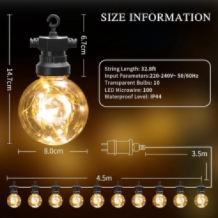 Led Kerstverlichting - Lichtsnoer 6 Watt - 10 Transparante Warm Witte Ledbulbs - 8 meter - IP44