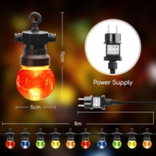 Led Kerstverlichting - Lichtsnoer 6 Watt - 10 gekleurde bollen - 8 meter - IP44 